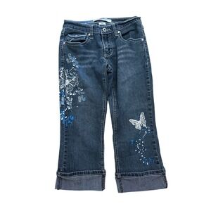 Y2K Piper & Blue Butterfly Embroidered Capri Jeans Dark Wash Cuffed Denim Size 7